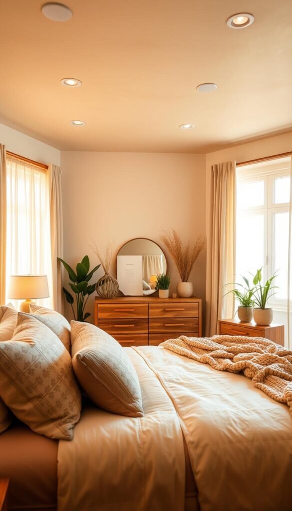 A cozy, climate-appropriate bedroom design featuring natural materials and warm, diffused lighting. In the foreground, a plush, neutral-toned bedding set with patterned throw pillows and a chunky knit blanket invites relaxation. In the middle ground, a wooden dresser and nightstands with potted plants and natural fiber accents create an organic, earthy ambiance. The background showcases large windows framed by sheer curtains, allowing soft, indirect sunlight to filter in and bathe the space in a serene, glowing atmosphere. Overhead, a wooden beam ceiling with recessed lighting casts a gentle, soothing glow throughout the room, evoking a sense of comfort and tranquility.