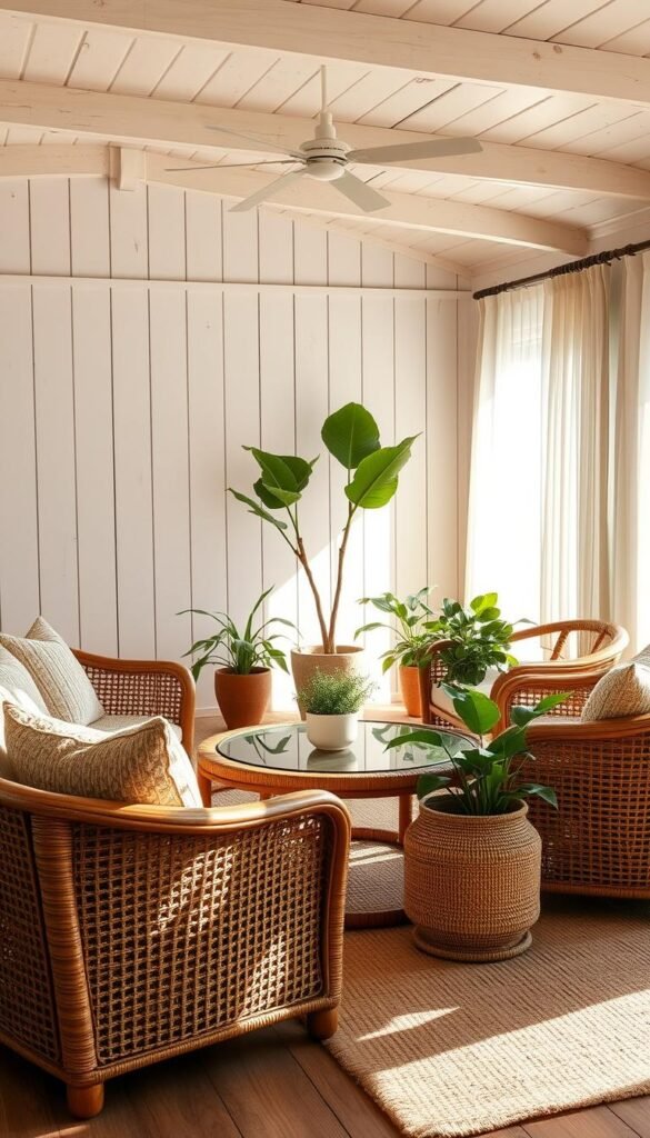 A cozy coastal living room bathed in warm, natural light. In the foreground, a low-profile rattan sofa and armchairs, their woven textures complementing the neutral color palette. Plush, textured throw pillows in earthy tones invite relaxation. In the middle ground, a rattan coffee table with a glass top reflects the sunlight, surrounded by lush potted plants. The background features whitewashed wood paneling, evoking a sun-drenched beach house vibe. Delicate sheer curtains sway gently, hinting at a cool ocean breeze. An overall atmosphere of laid-back sophistication and organic, breezy elegance.