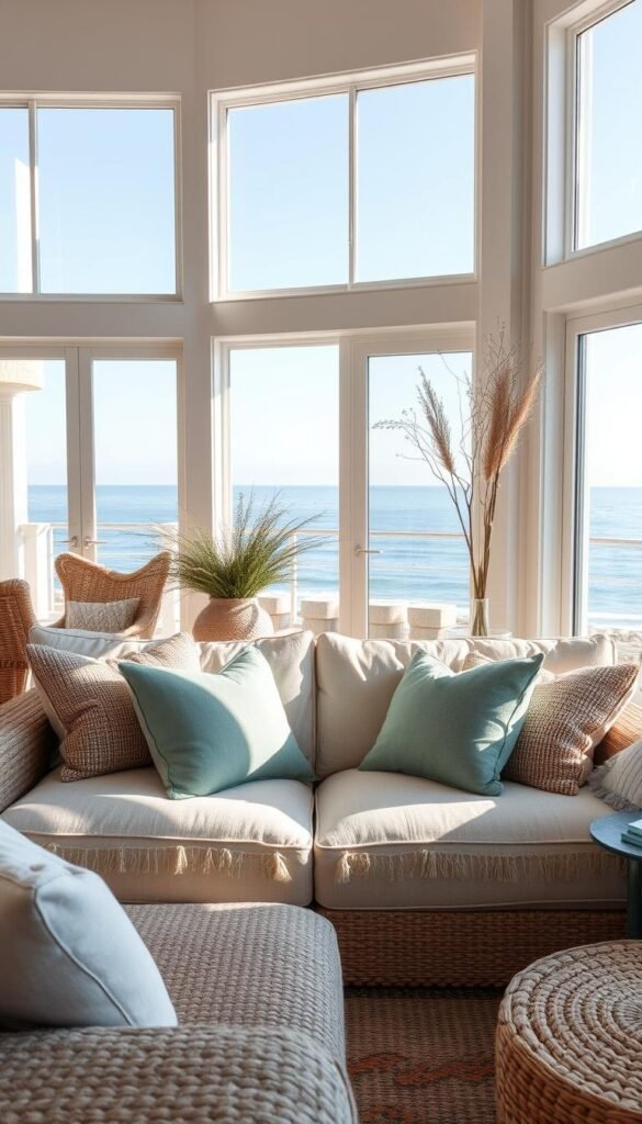 A cozy coastal living room with a plush sofa, its cushions invitingly soft and welcoming. The sofa is positioned in the center, bathed in natural light streaming through large windows overlooking a serene ocean vista. Woven textures, natural fibers, and muted sea-inspired hues create a relaxed, beachy ambiance. Throw pillows in soothing shades of blue, green, and sand subtly echo the tranquil outdoor scene. The scene is captured with a wide-angle lens, emphasizing the spaciousness and harmony of the room's design. An atmosphere of laid-back comfort and quiet contemplation pervades the space.