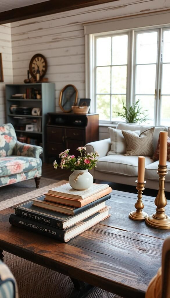 A cozy, collected living room with a mix of vintage and modern furniture pieces. In the foreground, an overstuffed floral armchair and a mid-century modern loveseat are arranged at an angle, creating an intimate conversation area. In the middle ground, a rustic wood coffee table is topped with an array of decorative objects - a stack of aged books, a ceramic vase with fresh flowers, and a brass candlestick. The background features a textured whitewashed shiplap wall, with a large window that lets in warm natural light. The overall mood is one of relaxed, eclectic charm, reflecting the "collected, not coordinated" aesthetic.