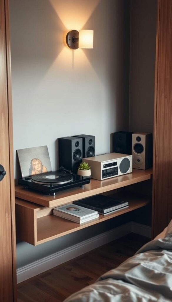 A cozy, compact entertainment station nestled in a bedroom corner. In the foreground, a floating, minimalist media console displaying a record player, a vintage radio, and a few vinyl records. In the middle ground, a pair of sleek, bookshelf speakers flank a small, decorative plant. The background features a warm, wall-mounted lighting fixture that casts a soft, ambient glow, complementing the natural wood tones and muted colors throughout. The overall scene exudes a sense of relaxation and sophisticated style, perfectly suited for a cozy bedroom retreat.