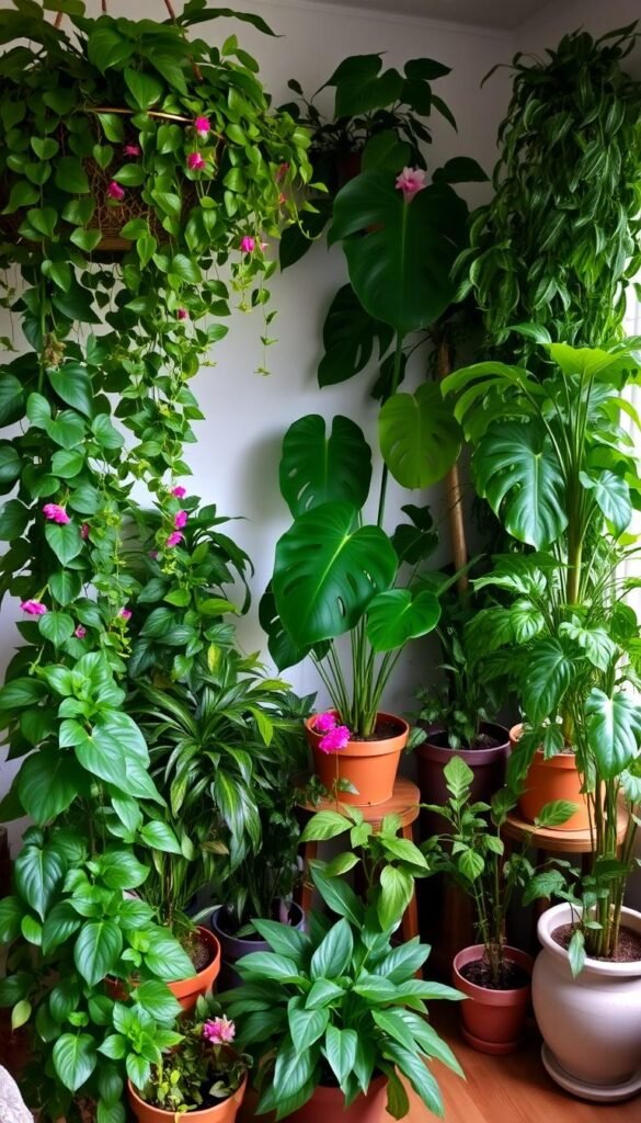 A cozy corner filled with a lush variety of potted plants in different sizes and shapes. The foreground features a mix of leafy greens, vibrant blooms, and trailing vines cascading down from hanging baskets. The middle ground showcases larger, statement-making plants like fiddle-leaf figs or monstera deliciosa. In the background, a combination of floor-standing and tabletop plants creates a verdant, inviting ambiance. Soft, diffused lighting filters in, casting gentle shadows and highlighting the textures of the foliage. The overall scene conveys a sense of tranquility and life, revitalizing an otherwise empty corner of the living space. A cozy corner filled with a lush variety of potted plants in different sizes and shapes. The foreground features a mix of leafy greens, vibrant blooms, and trailing vines cascading down from hanging baskets. The middle ground showcases larger, statement-making plants like fiddle-leaf figs or monstera deliciosa. In the background, a combination of floor-standing and tabletop plants creates a verdant, inviting ambiance. Soft, diffused lighting filters in, casting gentle shadows and highlighting the textures of the foliage. The overall scene conveys a sense of tranquility and life, revitalizing an otherwise empty corner of the living space.