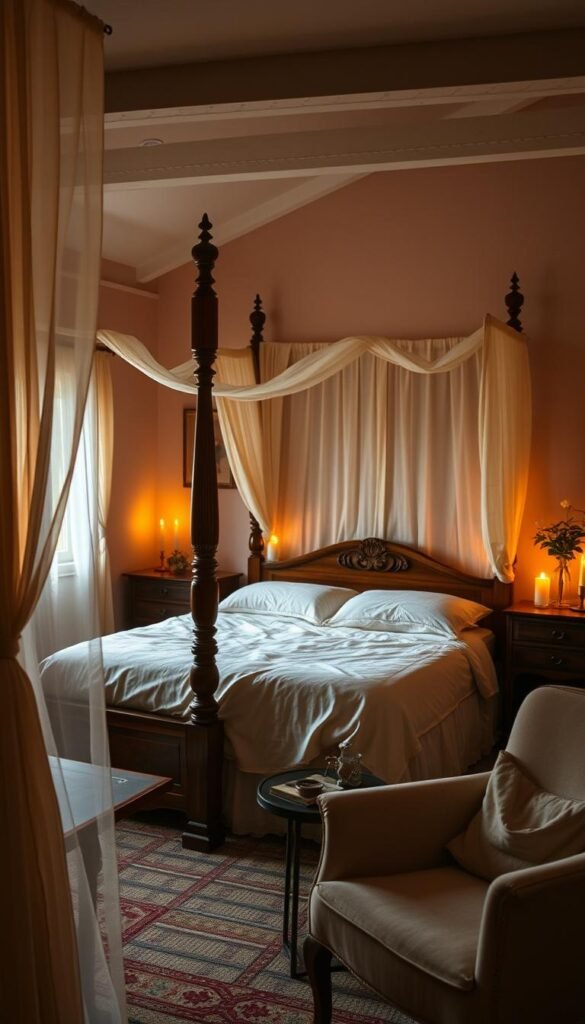 A cozy cottage bedroom bathed in soft, warm lighting. A central four-poster bed draped with delicate white linens, surrounded by antique wooden furniture. The ambient glow of candlelight flickers across the walls, casting a golden hue throughout the space. Sheer curtains gently sway in a light breeze, diffusing the light for a dreamlike atmosphere. In the corner, a reading nook with a plush armchair and a side table adorned with a single blooming flower. The overall scene evokes a sense of tranquility and comfort, transporting the viewer to a peaceful fairytale-like setting.