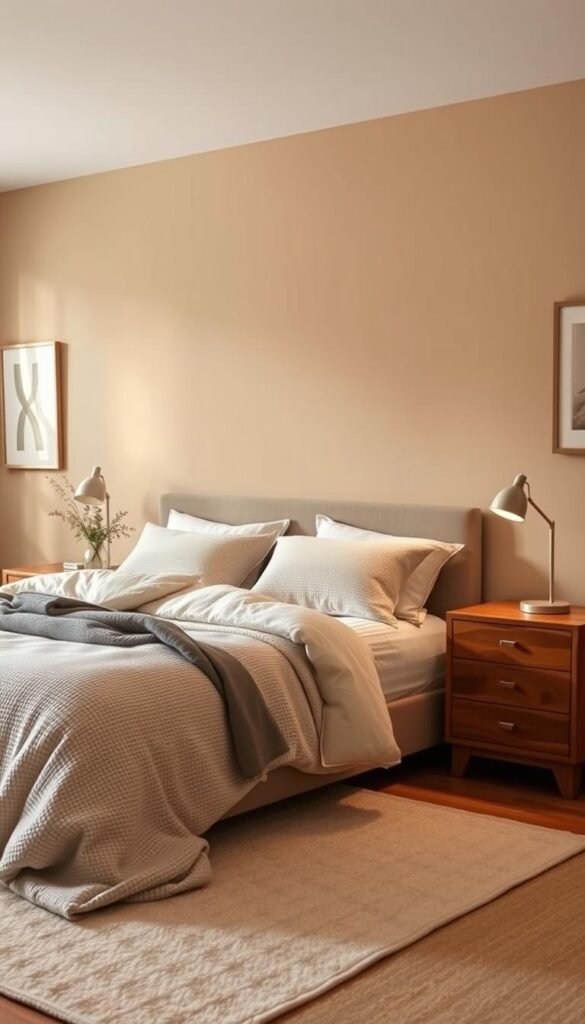 A cozy couple's bedroom with soft, harmonious tones. The walls are painted in a warm, muted beige, creating a serene and inviting atmosphere. Plush, textured bedding in shades of cream and gray adorns the bed, complemented by a pair of nightstands in a rich, wooden finish. Subtle lighting from a pair of minimalist bedside lamps casts a gentle glow, highlighting the room's tranquil ambiance. Framed artwork in neutral hues hangs on the walls, adding a touch of sophistication. The overall palette is calming and cohesive, reflecting a harmonious compromise between the couple's preferences.