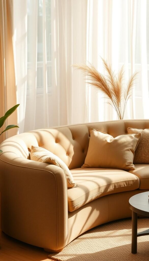 A cozy, curved sofa in a warm, natural palette nestled in a sunlit, organic living room. The plush, tufted cushions invite you to sink in and relax, while the smooth, rounded arms and back provide gentle, ergonomic support. Earthy tones of beige, tan, and olive green create a soothing, calming atmosphere, accented by the soft glow of natural lighting filtering through sheer curtains. The sofa's clean lines and simple, modern silhouette blend seamlessly with the room's minimalist, nature-inspired decor, creating a comfortable, inviting space that embodies the essence of a calm, natural retreat.