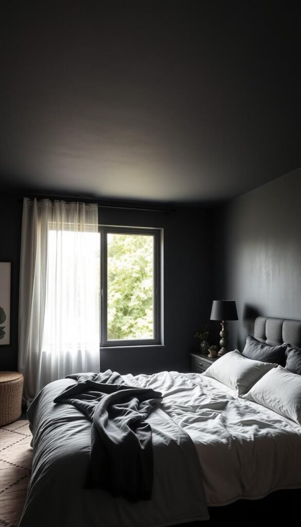 A cozy, dark bedroom transformation. A serene, moody space with dramatic walls painted in a deep, rich charcoal hue. Soft, ambient lighting casts gentle shadows, highlighting the textured paint finish. A plush, oversized bed takes center stage, its headboard framed by a large window overlooking a lush, verdant landscape. Delicate sheer curtains billow softly, adding a touch of elegance. Muted tones of gray, black, and earthy greens create a calming, inviting atmosphere. The room exudes a sense of tranquility and comfort, perfect for unwinding and recharging.