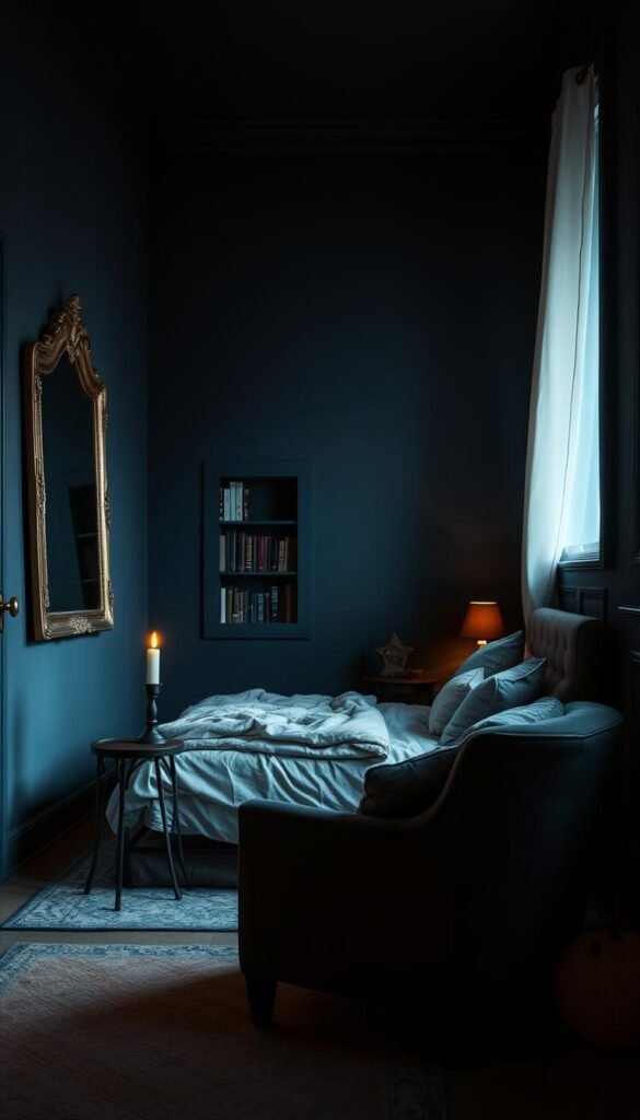 A cozy, dimly lit bedroom, bathed in the warm glow of a moody, inky blue paint color. Soft, textured walls create an intimate, cocoon-like atmosphere, accentuated by the gentle play of light and shadow. In the foreground, a plush, velvety armchair invites relaxation, while a large, antique-inspired mirror reflects the room's tranquil ambiance. A small side table holds a single, flickering candle, casting a mesmerizing dance of flames. The middle ground features a minimalist, yet elegant bed frame, adorned with luxurious bedding in complementary tones. Distant bookshelves, partially obscured, add depth and character to the scene. The overall mood is one of introspective calm, a haven for the senses.