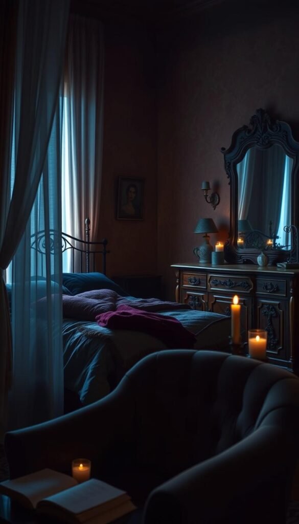 A cozy, dimly lit bedroom with a moody color palette of deep blues, rich plums, and earthy greens. The scene features a wrought-iron bed frame adorned with lush, textured bedding in complementary hues. Soft, atmospheric lighting filters through sheer, draped curtains, casting a warm, romantic glow. In the foreground, a reading nook with a plush velvet armchair and a side table holding a flickering candle. The background showcases a wooden dresser with intricate carvings and a large, ornate mirror reflecting the scene. Warm, textured walls create a sense of depth and intimacy, while the overall composition exudes a cozy, inviting atmosphere.