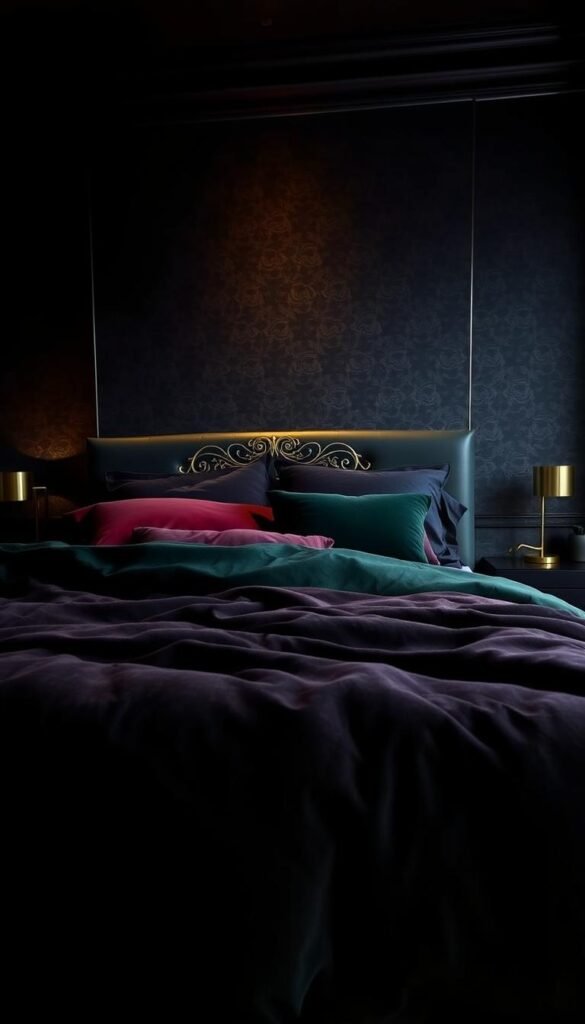 A cozy, dimly-lit bedroom with deep, jewel-toned hues and rich, textured surfaces. In the foreground, a luxurious bed with layers of plush, velvet bedding in shades of burgundy, navy, and forest green. Intricate metallic accents on the headboard cast a warm, ambient glow. In the middle ground, a pair of sleek, moody nightstands with minimalist brass lamps flank the bed. The background features a feature wall covered in a dark, moody wallpaper with a subtle, abstract pattern. Soft, indirect lighting from hidden sources creates a serene, calming atmosphere, casting gentle shadows and highlights throughout the space.