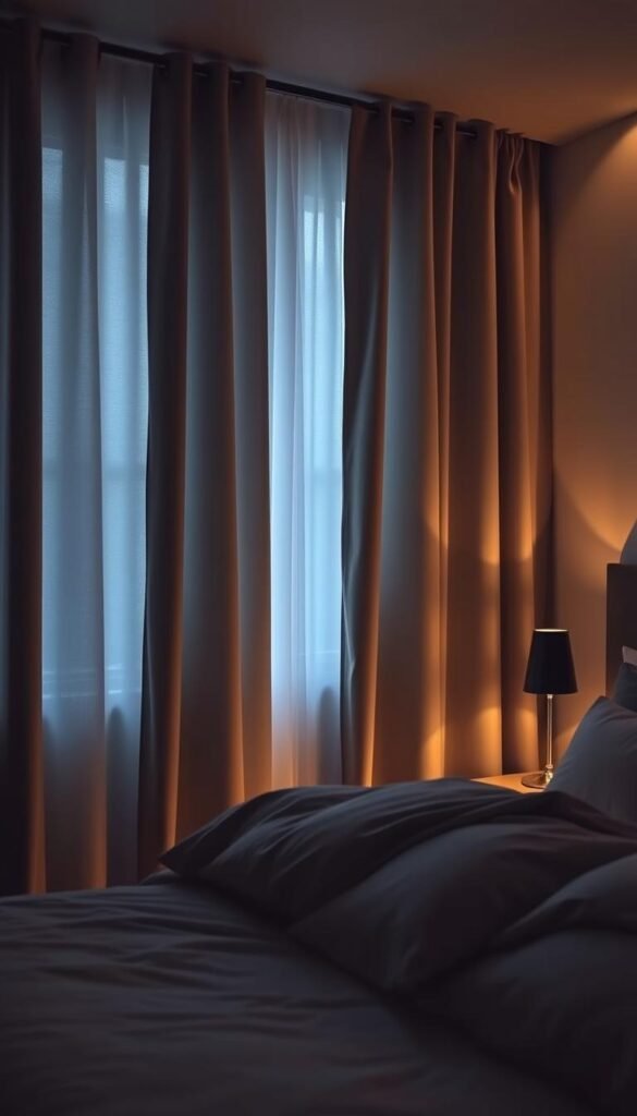 A cozy, dimly lit bedroom with luxurious blackout curtains drawn, creating a serene, sleep-inducing atmosphere. Plush bedding and soft lighting from a bedside lamp bathe the room in a warm, inviting glow. The curtains, made of high-quality, opaque fabric, block out all external light, transforming the space into a tranquil sleep sanctuary. Delicate shadows dance across the walls, adding depth and dimension to the scene. The camera is positioned at an angle, capturing the serene ambiance and the curtains' ability to transform the bedroom into a haven of restfulness.