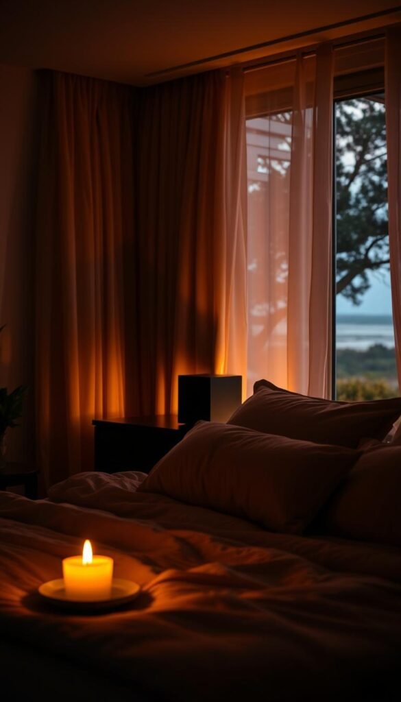 A cozy, dimly lit bedroom with soft, warm lighting casting a gentle glow. In the foreground, a plush, inviting bed adorned with luxurious bedding and pillows. A small, fragrant candle burning on the nightstand, filling the air with a calming, aromatic scent. In the middle ground, a pair of high-quality speakers discreetly placed, gently emitting soothing, ambient music. The background features a large window overlooking a peaceful outdoor scene, with billowing curtains softening the natural light. The overall atmosphere is one of tranquility, relaxation, and an invitation to unwind and escape the stresses of the day.