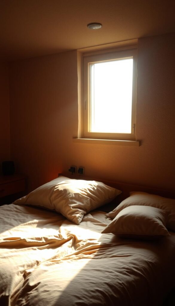 A cozy, dimly-lit bedroom with warm ambient lighting creating a serene, inviting atmosphere. Soft, diffused light illuminates the space, casting a gentle glow on the plush bedding, wooden furniture, and textured walls. Subtle shadows add depth and dimension, while the muted color palette of earth tones and neutrals evokes a sense of tranquility. A single, large window allows for natural light to filter in, casting a soft, hazy illumination throughout the room. The overall mood is one of comfort, relaxation, and an enveloping sense of coziness, perfect for unwinding and recharging.