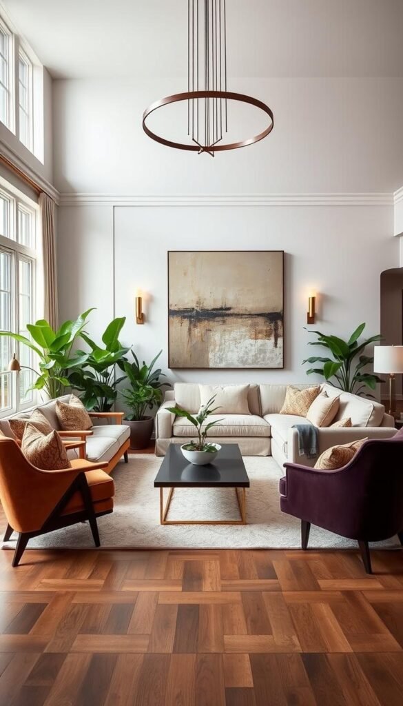 A cozy, dream-like living room with a blended design style. A spacious, light-filled space with high ceilings, large windows, and a mix of classic and contemporary furnishings. In the foreground, a plush, L-shaped sectional sofa in a neutral tone, complemented by warm, textured throw pillows. Flanking the sofa, mid-century modern armchairs in a rich, jewel-toned velvet. In the middle ground, a low, sleek coffee table with brass accents, surrounded by lush, verdant potted plants. The back wall features a striking, abstract artwork in muted tones, echoing the room's blend of styles. Soft, diffused lighting from wall sconces and a large, minimalist chandelier creates a serene, inviting atmosphere.
