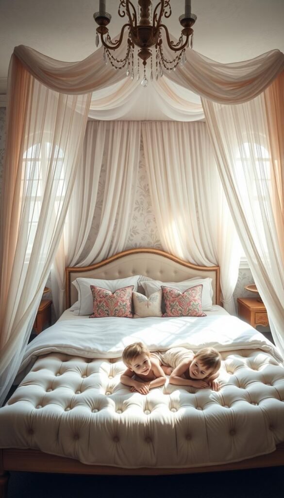 A cozy, dreamy bedroom scene with a luxurious canopy bed as the central focus. The bed features sheer, flowing curtains in soft, pastel colors that create an ethereal, magical atmosphere. Sunlight filters in through large, ornate windows, casting a warm, hazy glow throughout the space. Plush, tufted bedding and decorative pillows add to the sense of comfort and opulence. In the foreground, a pair of young children play or rest peacefully on the bed, their expressions serene and content. The background showcases delicate floral wallpaper or soft, textured walls, and perhaps a few tasteful, whimsical accents like a vintage chandelier or a cozy reading nook. The overall mood is one of tranquility, imagination, and a touch of magic. A cozy, dreamy bedroom scene with a luxurious canopy bed as the central focus. The bed features sheer, flowing curtains in soft, pastel colors that create an ethereal, magical atmosphere. Sunlight filters in through large, ornate windows, casting a warm, hazy glow throughout the space. Plush, tufted bedding and decorative pillows add to the sense of comfort and opulence. In the foreground, a pair of young children play or rest peacefully on the bed, their expressions serene and content. The background showcases delicate floral wallpaper or soft, textured walls, and perhaps a few tasteful, whimsical accents like a vintage chandelier or a cozy reading nook. The overall mood is one of tranquility, imagination, and a touch of magic.