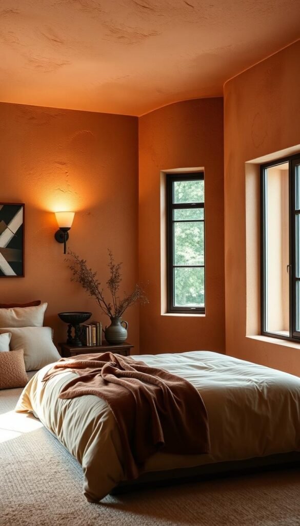 A cozy earth-toned bedroom with warm, textured walls in a soft palette of beige, terracotta, and ochre. The walls have a subtle, natural variation in tone and finish, creating a soothing, organic ambiance. Warm, diffused lighting from sconces and a large window casts a gentle glow, highlighting the depth and richness of the wall colors. The overall atmosphere is one of calm and comfort, inviting the viewer to sink into the serene, earthy setting. A cozy earth-toned bedroom with warm, textured walls in a soft palette of beige, terracotta, and ochre. The walls have a subtle, natural variation in tone and finish, creating a soothing, organic ambiance. Warm, diffused lighting from sconces and a large window casts a gentle glow, highlighting the depth and richness of the wall colors. The overall atmosphere is one of calm and comfort, inviting the viewer to sink into the serene, earthy setting.