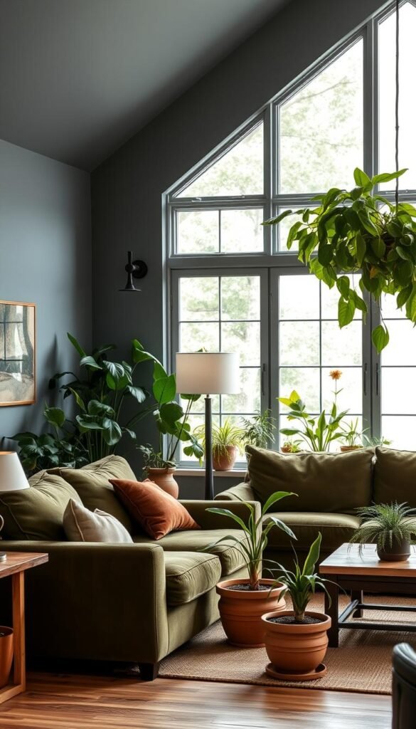 A cozy, earthy living room with a plush, muddy green sofa and loveseat. The walls are a muted blue-gray, complementing the green. Lush, verdant houseplants in terracotta pots dot the room, adding pops of vibrant color. Wooden furniture, such as a rustic coffee table and end tables, provide warmth. Soft, diffused lighting from a standing lamp and sconces casts a soothing glow. The scene is framed by large windows that let in natural light, blurring the line between indoor and outdoor spaces. The overall atmosphere is one of tranquility and grounded comfort.