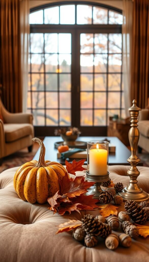 A cozy fall living room filled with unexpected autumn accents. In the foreground, an ornamental gourd and a bundle of dried leaves rest on a plush velvet ottoman. In the middle ground, a vintage brass candlestick casts a warm, flickering glow amidst a scattering of acorns and pinecones. The background features a large picture window looking out onto a vibrant autumn landscape, with a hint of golden sunlight filtering through sheer curtains. The overall mood is one of quiet, rustic elegance, celebrating the natural beauty of the changing seasons.