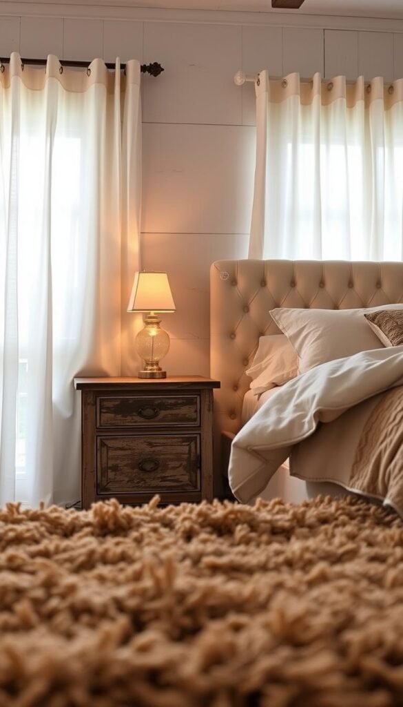 A cozy farmhouse bedroom with layers of inviting textures. A plush, tufted headboard in a warm cream hue takes center stage, its intricate pattern casting gentle shadows. Beside it, a weathered wooden nightstand supports a vintage glass lamp, its soft glow illuminating the space. In the foreground, a plush area rug in earthy tones grounds the scene, its woven fibers adding depth and warmth. In the background, sheer white curtains filter the natural light, creating a soothing, diffused ambiance. The overall atmosphere is one of rustic charm and irresistible comfort.