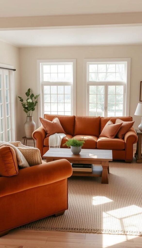 A cozy farmhouse living room bathed in a warm, inviting color palette. Soft cream walls provide a gentle backdrop, complemented by rich, earthy tones in the upholstered furniture - a plush, overstuffed sofa and armchair in shades of rust and ochre. Rustic wood accents, such as a sturdy coffee table and side table, add natural texture. Inviting floor-to-ceiling windows allow natural light to flood the space, creating a serene, tranquil atmosphere. Soft, woven area rugs in complementary hues anchor the room, while plush throw pillows and cozy knit blankets invite relaxation. The overall effect is one of comfort, coziness, and a harmonious blend of modern farmhouse style. A cozy farmhouse living room bathed in a warm, inviting color palette. Soft cream walls provide a gentle backdrop, complemented by rich, earthy tones in the upholstered furniture - a plush, overstuffed sofa and armchair in shades of rust and ochre. Rustic wood accents, such as a sturdy coffee table and side table, add natural texture. Inviting floor-to-ceiling windows allow natural light to flood the space, creating a serene, tranquil atmosphere. Soft, woven area rugs in complementary hues anchor the room, while plush throw pillows and cozy knit blankets invite relaxation. The overall effect is one of comfort, coziness, and a harmonious blend of modern farmhouse style.