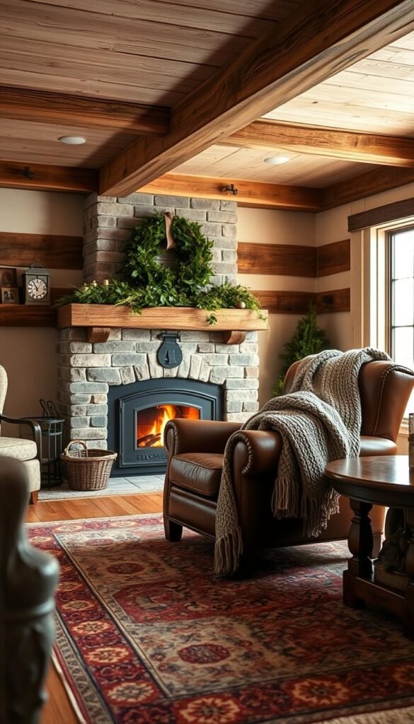 A cozy farmhouse living room, bathed in warm, soft lighting. Layers of texture - plush velvet and chunky knit throws draped over a worn leather armchair, a vintage area rug with intricate patterns underfoot, and weathered wooden beams overhead. Subtle pops of holiday greenery, like a wreath on the mantle, add festive accents. An inviting, lived-in atmosphere, perfect for curling up by the crackling fireplace on a chilly winter day. Subtle camera angles capture the intimate, enveloping ambiance of this cozy sanctuary.