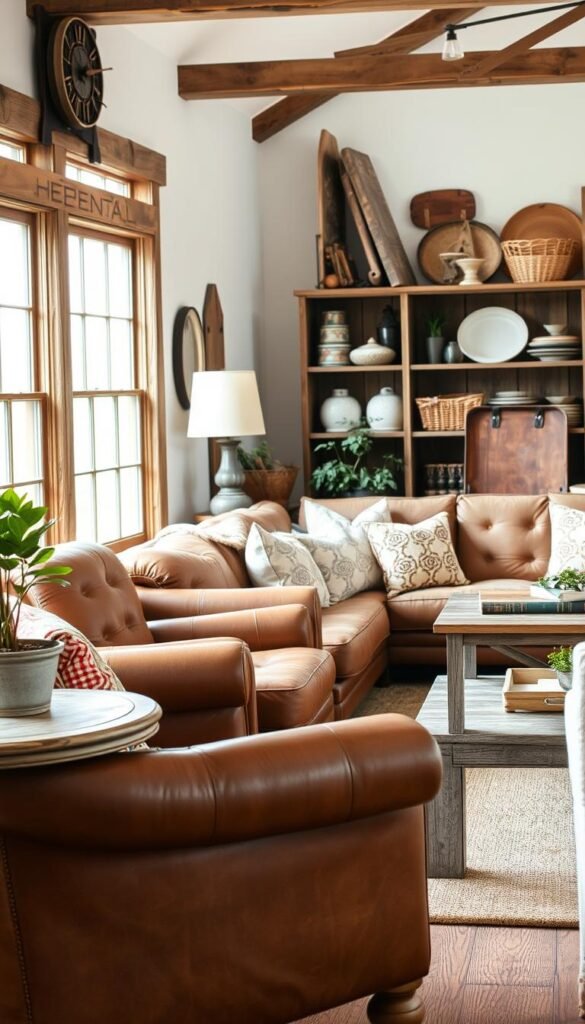 A cozy farmhouse living room filled with an inviting selection of rustic furniture and decor. In the foreground, a plush leather armchair and a weathered wooden end table with a potted plant. In the middle ground, a sturdy farmhouse-style sofa adorned with patterned throw pillows, complemented by a reclaimed wood coffee table. The background features a vintage-inspired bookshelf displaying an eclectic mix of decorative accents, woven baskets, and a worn leather-bound book. Natural light filters through large windows, creating a warm, lived-in atmosphere. The overall scene conveys a sense of comfort, character, and a touch of country charm. A cozy farmhouse living room filled with an inviting selection of rustic furniture and decor. In the foreground, a plush leather armchair and a weathered wooden end table with a potted plant. In the middle ground, a sturdy farmhouse-style sofa adorned with patterned throw pillows, complemented by a reclaimed wood coffee table. The background features a vintage-inspired bookshelf displaying an eclectic mix of decorative accents, woven baskets, and a worn leather-bound book. Natural light filters through large windows, creating a warm, lived-in atmosphere. The overall scene conveys a sense of comfort, character, and a touch of country charm.