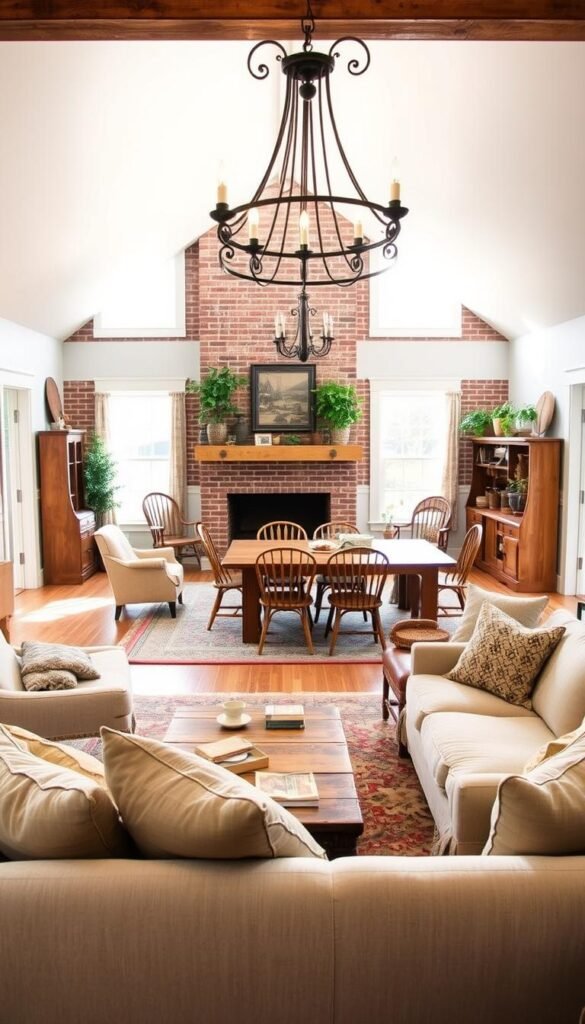 A cozy farmhouse living room with an open floor plan layout. In the foreground, a plush, oversized sofa with soft throw pillows and a rustic wood coffee table. Beside it, a pair of vintage armchairs and an antique area rug. In the middle ground, a large, natural wood dining table surrounded by mismatched wooden chairs. Overhead, a wrought-iron chandelier casts a warm, ambient glow. In the background, a brick fireplace with a mantel adorned with potted plants and antique decor. Abundant natural light streams in through large windows, creating a bright, airy atmosphere. The overall mood is one of relaxed, country-inspired comfort. A cozy farmhouse living room with an open floor plan layout. In the foreground, a plush, oversized sofa with soft throw pillows and a rustic wood coffee table. Beside it, a pair of vintage armchairs and an antique area rug. In the middle ground, a large, natural wood dining table surrounded by mismatched wooden chairs. Overhead, a wrought-iron chandelier casts a warm, ambient glow. In the background, a brick fireplace with a mantel adorned with potted plants and antique decor. Abundant natural light streams in through large windows, creating a bright, airy atmosphere. The overall mood is one of relaxed, country-inspired comfort.