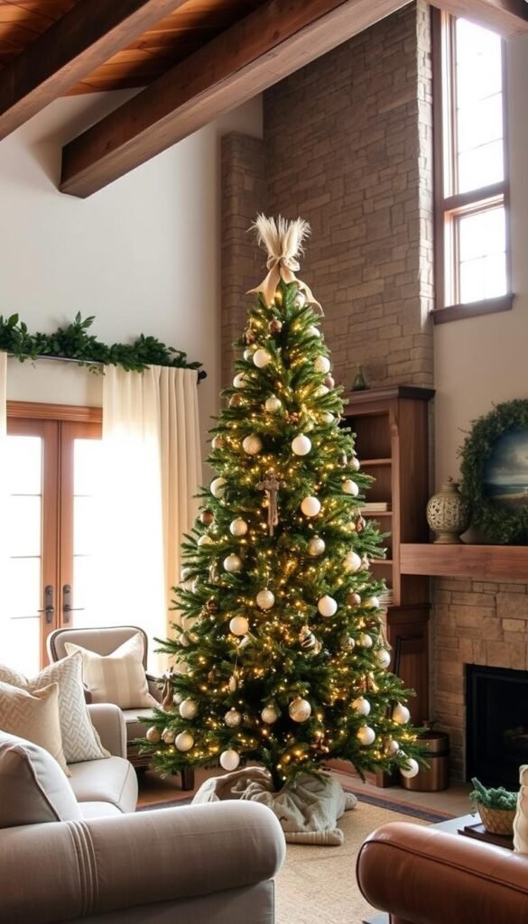 A cozy farmhouse-style Christmas tree stands as the focal point in a warm, inviting living room. Soft natural light filters through sheer curtains, casting a gentle glow on the rustic wood beams and stone fireplace. The tree is adorned with a mix of vintage ornaments, twinkling string lights, and a simple burlap tree topper. Plush, neutral-toned furnishings and weathered decor elements create a comfortable, lived-in ambiance. The overall scene evokes a sense of holiday charm and rustic elegance, perfectly suited for a cozy farmhouse Christmas celebration.