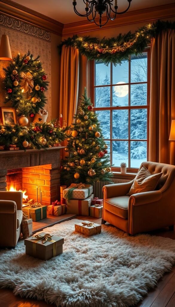 A cozy, festive bedroom corner with a beautifully decorated Christmas tree, wrapped presents, and soft, twinkling fairy lights. The room is bathed in a warm, golden glow from a crackling fireplace, casting a cozy ambiance. Plush, velvet armchairs invite you to curl up and sip hot cocoa. Lush, green garlands drape across the mantle, complemented by fragrant pine boughs and glistening ornaments. A fluffy, white rug adds a touch of winter wonder, while a large window frames a snowy, moonlit landscape outside. This enchanting scene captures the magic of the holiday season, creating a inviting, personal retreat.