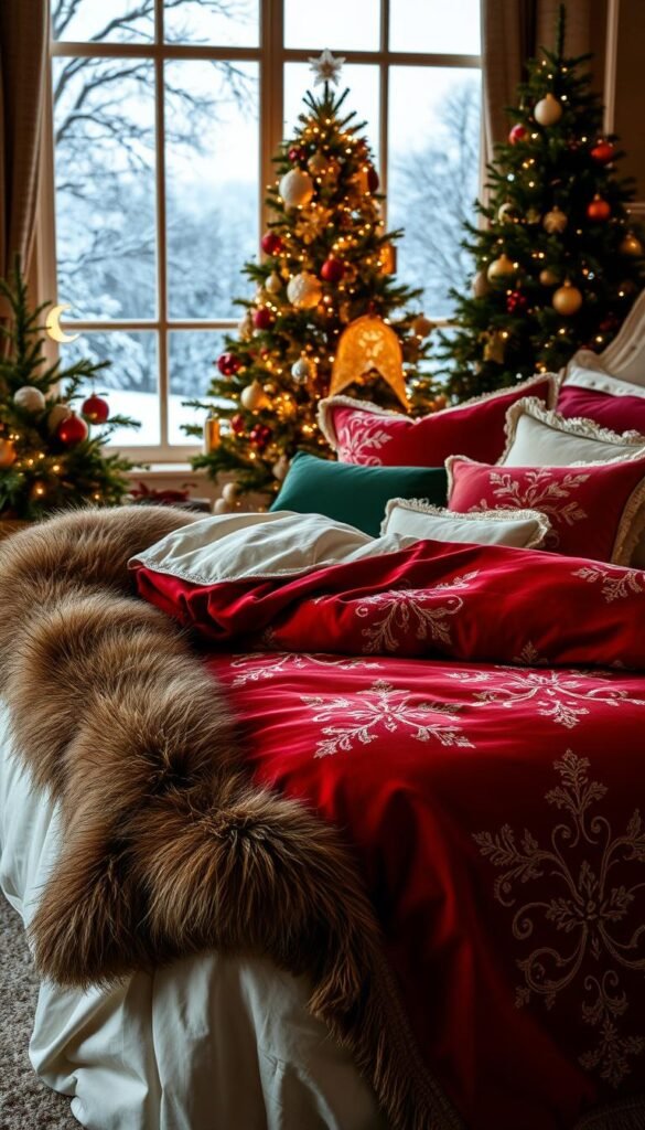 A cozy, festive holiday bedding scene. In the foreground, a plush, velvet duvet cover in a rich, crimson red, adorned with intricate golden embroidered patterns. Soft, ivory flannel sheets peek out at the edges, inviting warmth and comfort. Piled high with oversized, fluffy pillows in hues of forest green and snowy white, trimmed with delicate lace detailing. A fur throw blanket, in a deep, earthy tone, cascades over the foot of the bed, adding a touch of rustic elegance. The middle ground features a beautifully decorated holiday tree, its branches laden with sparkling ornaments and twinkling fairy lights, casting a soft, ambient glow. In the background, a large window frames a snowy, winter wonderland landscape, with icy branches and a glowing crescent moon. Cozy, intimate lighting throughout, creating a serene, festive atmosphere.