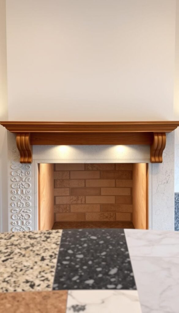 A cozy fireplace surround with an elegant mantel, showcasing a selection of premium materials. In the foreground, various textured stone tiles, ranging from classic granite to smooth marble, are artfully displayed. In the middle ground, a wooden mantel beam in a rich, warm tone acts as a focal point, complemented by ornate corbels. The background features a well-lit wall, creating a inviting, ambient glow that enhances the overall aesthetic. The scene captures the essence of a refined and sophisticated fireplace design, perfect for a cozy bedroom setting.