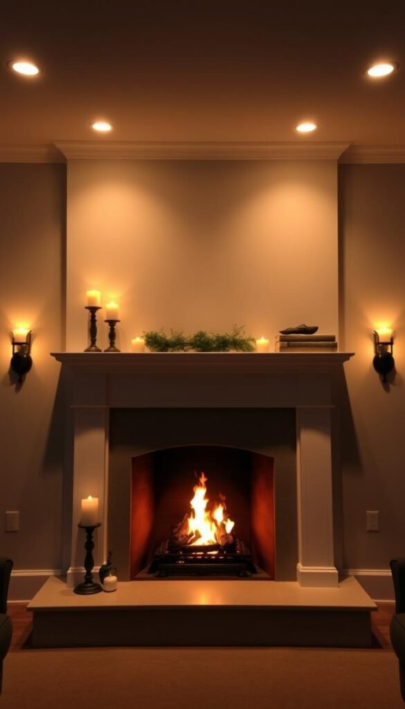 A cozy fireplace surrounded by a meticulously curated lighting design, creating a warm and inviting ambiance. The fireplace mantel is adorned with tasteful decor, including candles and subtle accent pieces that cast a soft, flickering glow across the room. Recessed lighting above the mantel casts a gentle, uniform illumination, complementing the dancing flames within the fireplace. Strategically placed wall sconces on either side of the fireplace add depth and dimension, their warm light reflecting off the walls and creating a captivating, intimate atmosphere. The overall effect is a harmonious blend of lighting elements that enhance the natural beauty of the fireplace and transport the viewer to a serene, relaxing space.