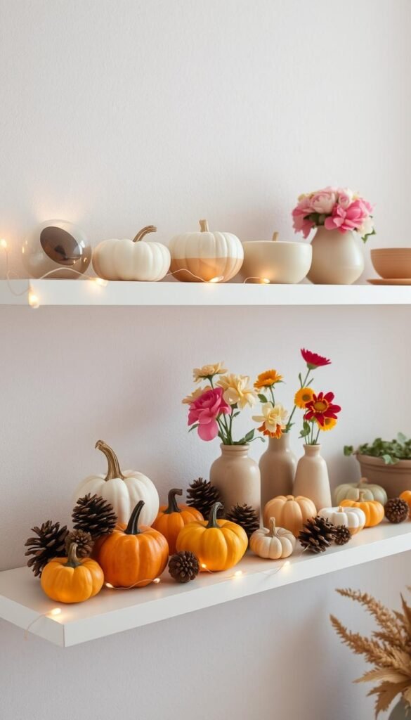 A cozy floating shelf adorned with a selection of seasonally appropriate decor items. In the foreground, an assortment of pumpkins, gourds, and pinecones in warm autumnal hues. Delicate string lights wind across the shelf, casting a soft, ambient glow. In the middle ground, a few artfully arranged ceramic vases hold vibrant floral arrangements, their petals complementing the seasonal accents. The background features a textured, neutral-toned wall, allowing the decorative elements to take center stage. The lighting is natural and diffused, creating a serene and inviting atmosphere, perfect for showcasing this dynamic seasonal display.