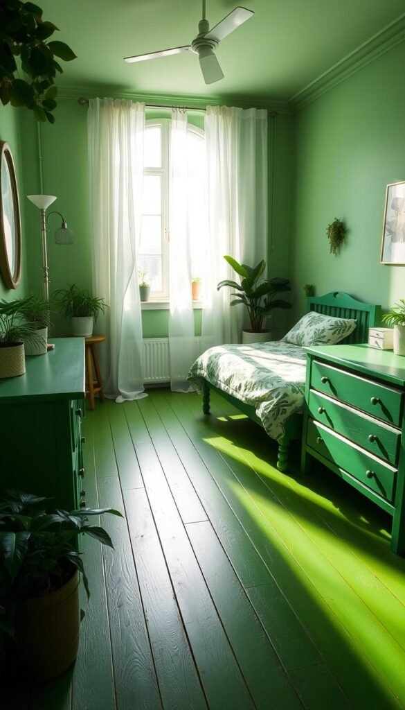 A cozy green-painted bedroom with a lush, botanical-inspired aesthetic. The wooden floor is covered in a vibrant green paint, creating a solid foundation. Wooden furniture, including a bed frame, nightstands, and a dresser, are painted in a complementary shade of green, blending seamlessly with the floor. Soft, natural lighting filters through sheer, flowing curtains, casting a warm glow over the space. Potted plants and botanical-patterned textiles add pops of verdant hues, enhancing the organic, earthy feel. The overall atmosphere is one of tranquility and a deep connection to nature, inviting the viewer to relax and immerse themselves in the serene, green-centric design.
