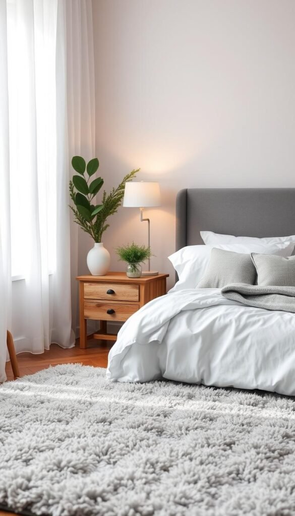 A cozy grey and white bedroom with a focus on layered textures and soft, natural light. In the foreground, a plush grey area rug grounds the space, complemented by crisp white bedding and a grey velvet headboard. Midground features a rustic wood nightstand and a minimalist white table lamp casting a warm glow. The background showcases sheer white curtains filtering the daylight, creating a calming, airy atmosphere. Accents of greenery and metallic accessories add pops of contrast. The overall design evokes a tranquil, spa-like retreat, perfect for relaxation.