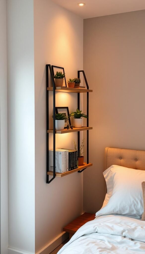 A cozy guest room with a neatly arranged wall-mounted shelving unit next to the bed. The shelves display a mix of decorative elements, such as potted plants, framed artwork, and a few carefully selected books. Soft, warm lighting casts a gentle glow, creating an inviting and relaxing ambiance. The shelves are positioned at the perfect height for guests to easily access their belongings. The overall design is minimalist yet functional, ensuring your visitors have ample space to store and display their personal items during their stay.