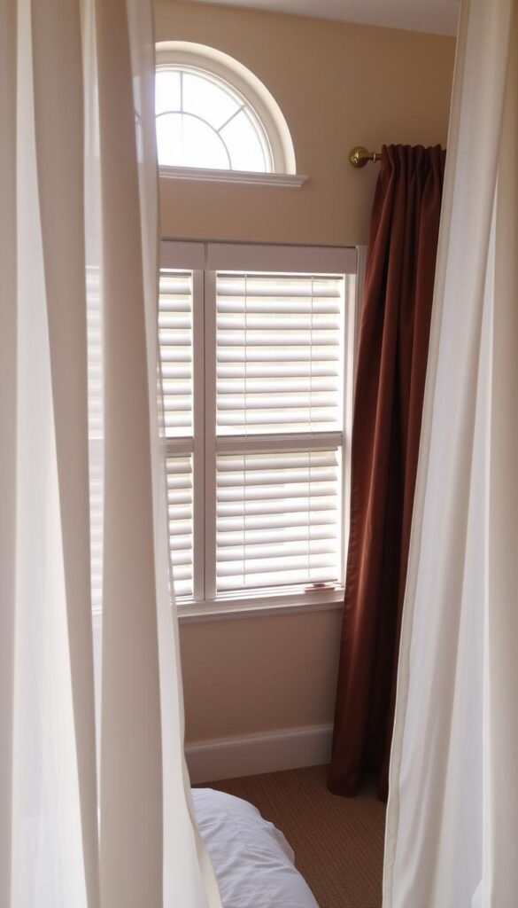 A cozy guest room with flexible window treatments in a warm, inviting atmosphere. In the foreground, elegant sheer curtains in soft, flowing fabrics gently sway, filtering the natural light and creating a sense of privacy. The middle ground features a pair of adjustable blinds, allowing the room's occupant to precisely control the amount of sunlight that enters. In the background, a set of blackout curtains in a rich, complementary color hang ready to create a dark, restful environment perfect for uninterrupted sleep. The overall scene is bathed in a soft, natural lighting, creating a welcoming and relaxing ambiance.
