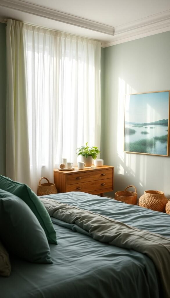 A cozy, harmonious bedroom with a soothing green and blue color palette. Soft, diffused natural light filters through sheer curtains, casting a tranquil glow across the room. In the foreground, a plush king-size bed is adorned with plush bedding in a calming blue hue, complemented by green accent pillows. The middle ground features a wooden dresser with a lush, potted plant, while the background showcases a serene landscape painting in shades of blue and green. Subtle textures, such as woven baskets and natural wood accents, add depth and warmth to the space. An overall sense of balance and relaxation pervades the scene, creating a restful, botanical-inspired oasis.