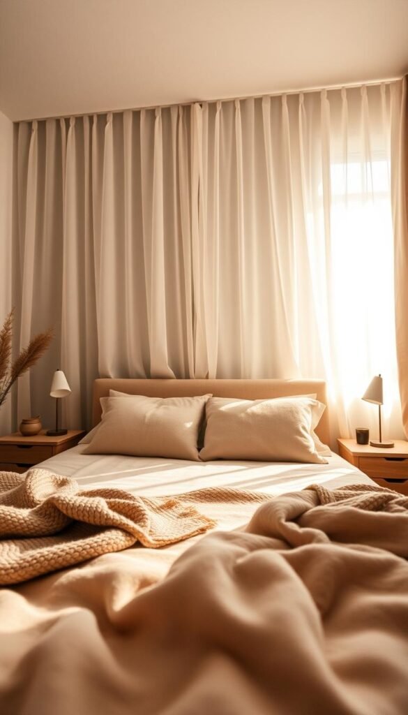 A cozy, hygge-inspired bedroom with soft, warm lighting casting a gentle glow. Diffused light filters through sheer curtains, creating a serene ambiance. A plush, neutral-toned bed takes center stage, surrounded by natural wood accents and textured throw blankets. Minimalist nightstands flank the bed, with small table lamps providing subtle illumination. The overall atmosphere is calming, inviting, and conducive to relaxation. Muted earth tones and natural materials evoke a sense of comfort and tranquility. The camera angle captures the scene from a low, intimate perspective, emphasizing the cozy, nest-like feeling of the space.