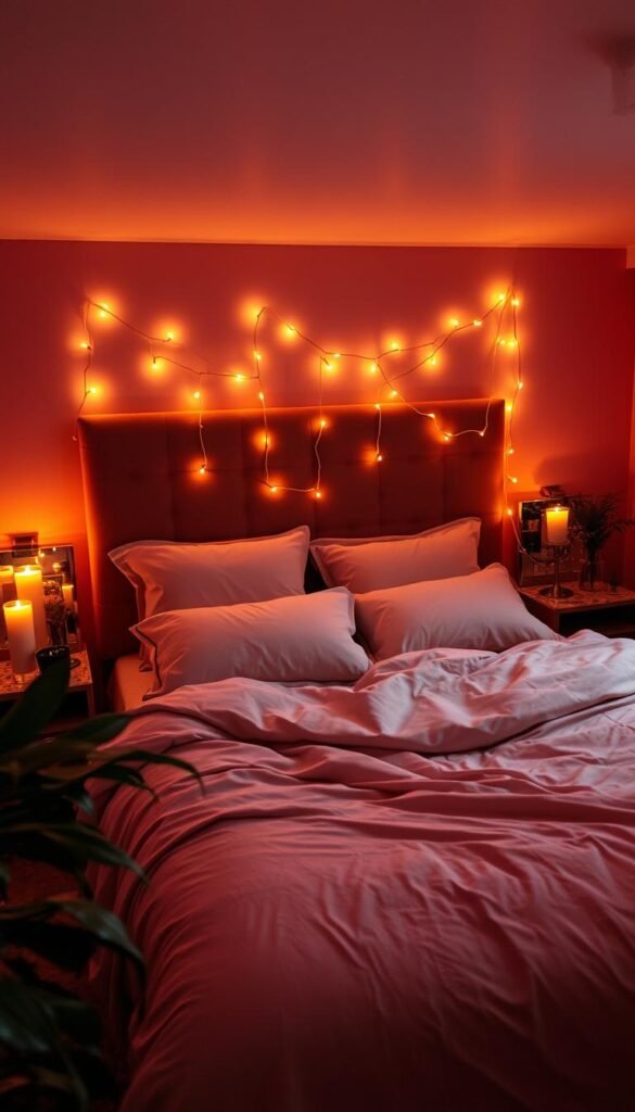 A cozy, intimate bedroom bathed in warm, romantic lighting. The focal point is a plush, inviting bed with soft, luxurious bedding in muted tones. Delicate string lights are draped artfully around the headboard, casting a gentle glow. Candles flicker on the nightstands, their flames reflected in the mirrored surfaces. The room is adorned with lush, verdant plants, adding a touch of natural beauty. The overall atmosphere is serene, sensual, and deeply inviting, creating the perfect ambiance for a couples' retreat.