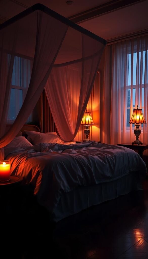 A cozy, intimate bedroom with soft, warm lighting creating a romantic atmosphere. The foreground features a plush king-size bed with rumpled satin sheets and a canopy draped overhead, bathed in the gentle glow of candlelight. The middle ground showcases a pair of vintage glass table lamps on elegant side tables, their amber light reflecting off the dark hardwood floors. In the background, a large window with sheer curtains offers a glimpse of a starry night sky, the low lighting blending seamlessly with the intimate setting. The overall mood is one of tranquility, sensuality, and a sense of retreat from the outside world.