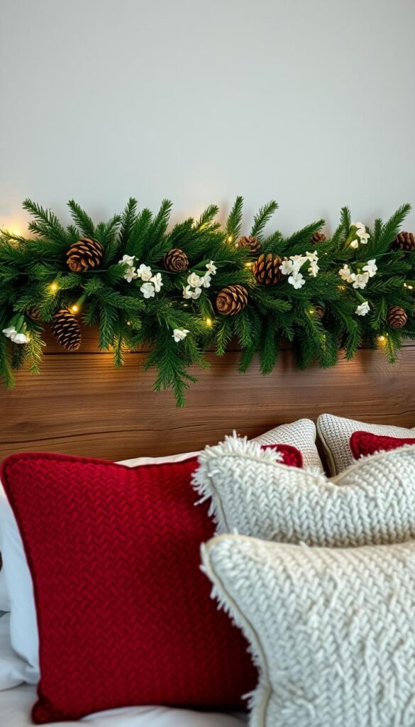A cozy, inviting Christmas-themed headboard decor with a lush, natural aesthetic. In the foreground, a rustic wooden headboard is adorned with a garland of fresh evergreen boughs, pinecones, and delicate white flowers. Twinkling fairy lights are woven through the garland, casting a warm, ambient glow. In the middle ground, plush, textured throw pillows in festive red, green, and white hues add a touch of holiday cheer. The background features a wall with a soft, muted gray color, creating a serene, calming atmosphere. The lighting is soft and diffused, highlighting the natural textures and colors of the decor. The overall scene conveys a sense of comfort, coziness, and holiday magic.