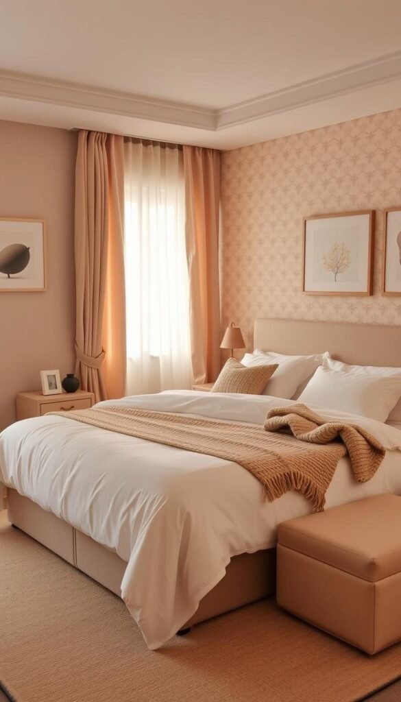 A cozy, inviting bedroom bathed in warm, neutral tones. The soft, muted hues of beige, tan, and cream envelope the space, creating a soothing and calming atmosphere. A large, plush bed with crisp, white linens takes center stage, flanked by matching nightstands with subtle accent lamps. Textured throw pillows and a cozy knitted blanket add depth and visual interest. The walls feature a neutral, earthy wallpaper pattern, complemented by minimal, natural-toned artwork. Soft, diffused lighting filters through sheer curtains, casting a gentle, tranquil glow throughout the room. The overall effect is one of relaxation and serenity, a perfect sanctuary for rest and rejuvenation.