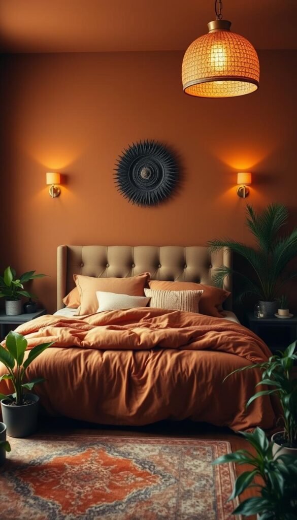 A cozy, inviting bedroom enveloped in a warm, saturated color palette. The walls are painted in a deep, earthy ochre hue, creating a cocooning atmosphere. Soft, plush bedding in rich shades of amber and sienna covers a large, tufted headboard. Textured throw pillows in complementary tones add depth and visual interest. Ambient lighting from a pair of brass sconces casts a gentle, flattering glow, while a decorative pendant light fixture hangs overhead, its warm light filtering through a patterned shade. The hardwood floors are covered in a vintage-inspired area rug in muted rust and terracotta tones. Verdant potted plants dot the space, infusing it with natural, earthy vibrancy.