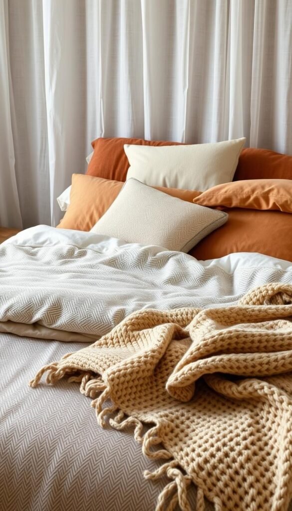 A cozy, inviting bedroom scene with a plush, textured bedding layered in shades of warm, earthy tones. In the foreground, a luxurious duvet cover with a subtle herringbone pattern and a thick, fluffy comforter. Piled high with an assortment of decorative pillows in complementary hues and fabrics, creating a visually interesting and tactile experience. The middle ground features a soft, woolen blanket draped casually across the foot of the bed, its intricate knitted texture adding depth and warmth. In the background, a sheer, linen-like curtain gently billows, diffusing the light and evoking a serene, tranquil ambiance. The overall composition conveys a sense of comfort, relaxation, and a cozy, inviting atmosphere.
