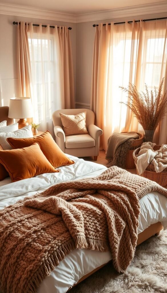 A cozy, inviting bedroom scene with layers of plush, soft textiles and bedding materials. In the foreground, a luxurious king-size bed is adorned with fluffy white comforters, velvet throw pillows in earthy tones, and a chunky knitted blanket. The middle ground features a mix of textures, including a sheepskin rug, a velvet armchair, and a hand-woven basket overflowing with soft textiles. The background showcases warm, natural lighting filtering through sheer curtains, creating a cozy, enveloping atmosphere. The overall scene conveys a sense of comfort, relaxation, and tactile indulgence.
