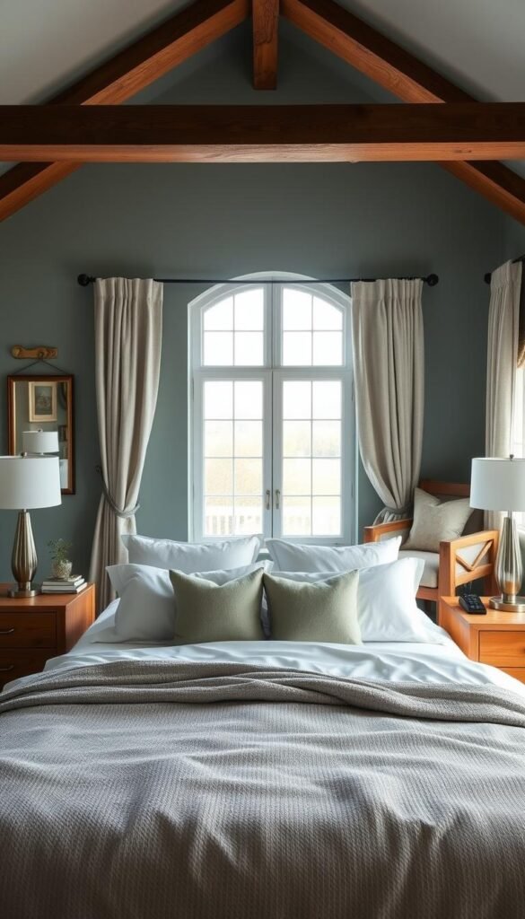 A cozy, inviting bedroom with a harmonious color palette that inspires relaxation and renewal. In the foreground, a plush queen-sized bed with crisp white linens and soft gray accents. Plush pillows and a textured duvet cover add depth and visual interest. Flanking the bed, solid wood nightstands in a warm, natural tone hold sleek table lamps with soft, diffused lighting. In the middle ground, a large window lets in natural light, casting a gentle glow across the space. The walls are painted in a soothing, muted shade of blue-green, complemented by coordinating curtains that frame the view. In the background, a rustic wooden dresser and an armchair in a complementary neutral tone complete the cohesive, serene atmosphere.