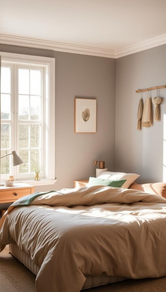 A cozy, inviting bedroom with a serene and harmonious color palette. The room is bathed in soft, natural lighting, creating a warm and calming atmosphere. In the foreground, a neatly made bed is adorned with plush bedding in muted tones of beige, ivory, and sage green. Complementing the bedding, a pair of matching nightstands flank the bed, each with a simple, minimalist lamp. In the middle ground, a large window allows natural light to filter in, casting a gentle glow throughout the space. The walls are painted in a soft, muted gray, creating a soothing backdrop for the room's accents. Subtle artwork or wall hangings in earthy, neutral tones add a touch of visual interest without overwhelming the space. The overall effect is one of tranquility and relaxation, perfect for a serene and aesthetic bedroom.