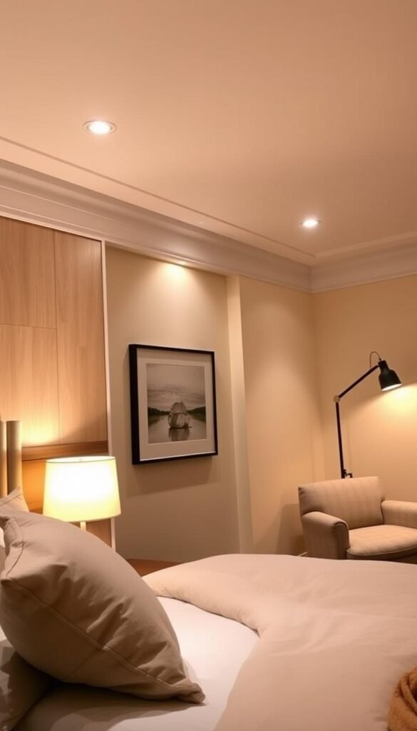 A cozy, inviting bedroom with layered lighting design. In the foreground, a bedside table lamp casts a warm, ambient glow, its soft light reflecting off the neutral-toned bedding. In the middle ground, recessed ceiling lights provide even, functional illumination, highlighting the textured wall paneling and artwork. Along the far wall, a tall, slim floor lamp adds a sculptural element, its adjustable head angled to cast a pool of light on a plush reading chair. The overall effect is a harmonious blend of task, accent, and mood lighting, creating a serene, inviting atmosphere perfect for relaxation and rest.