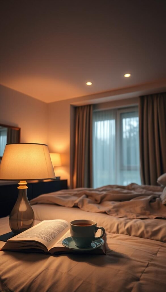A cozy, inviting bedroom with layered lighting sources creating a warm, soothing ambiance. In the foreground, a table lamp with a soft, diffused glow illuminates a book and a cup of tea. In the middle ground, recessed ceiling lights cast a gentle, even light across the room. In the background, a large window allows natural light to filter in, casting soft shadows and highlighting the texture of the bedding and curtains. The lighting is balanced, creating depth and dimension, guiding the eye through the space and setting the perfect mood for relaxation and rest.