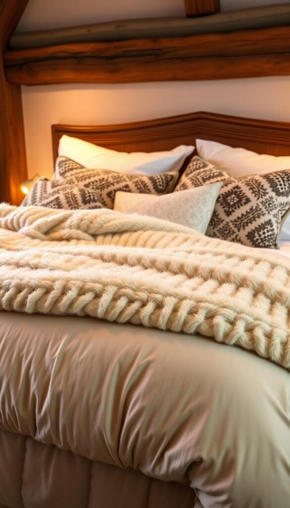 A cozy, inviting bedroom with luxuriously layered bedding. In the foreground, a plush, cloud-like duvet in a warm neutral tone, topped with a fluffy, oversized knit throw. Intricately patterned accent pillows in complementary hues add depth and texture. Crisp, pristine white sheets and a soft, chenille blanket create a layered foundation. Warm, ambient lighting casts a gentle glow, enhancing the tactile, comforting atmosphere. The mid-ground features a rustic, wooden headboard, framing the serene scene. In the background, wooden beams and neutral-toned walls provide a calming, natural backdrop, inviting a sense of tranquility and relaxation.